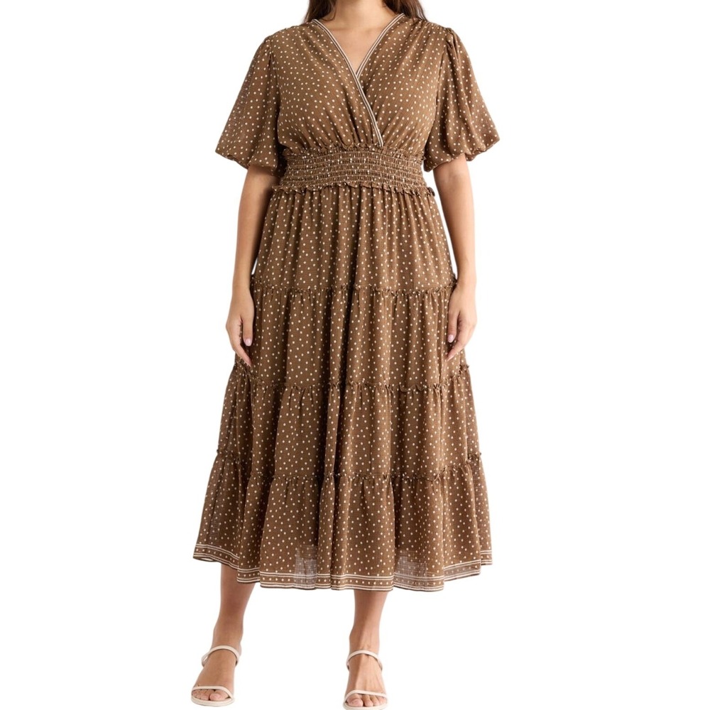 NEW Max Studio London Brown Polka Dot Puff Sleeve Smocked Tiered Maxi Dress 2X